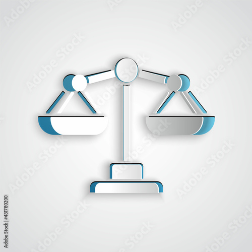 Paper cut Scales of justice icon isolated on grey background. Court of law symbol. Balance scale sign. Paper art style. Vector.