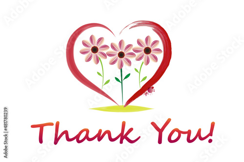 Thank you word text with a love heart and flowers watercolor greetings card vector image icon logo design