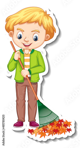 A boy using rake cartoon character