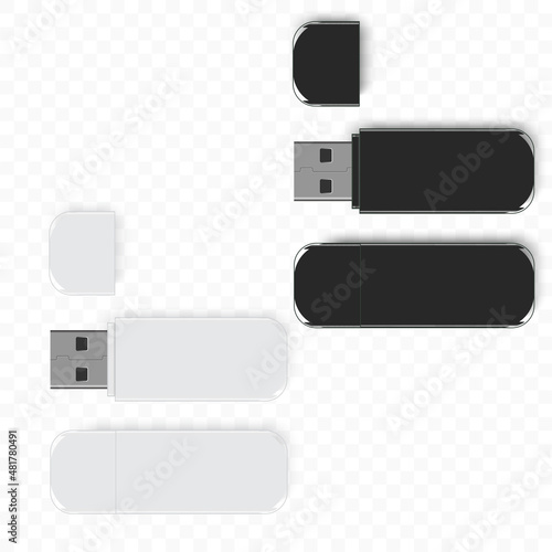 Realistic white and black USB drive flash isolated on white. Vector