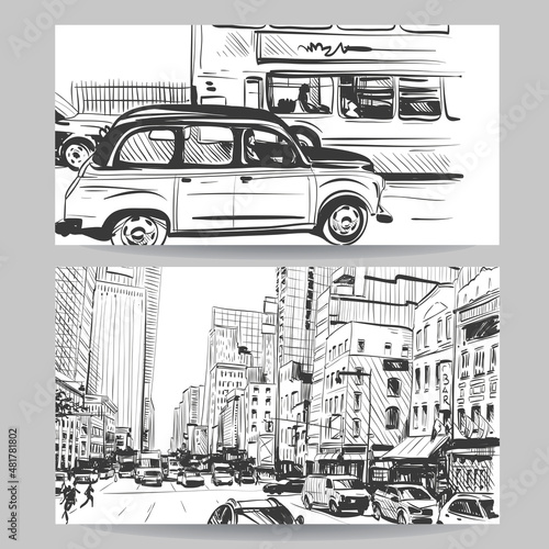 Set of city sketch banner design elements, vector illustration