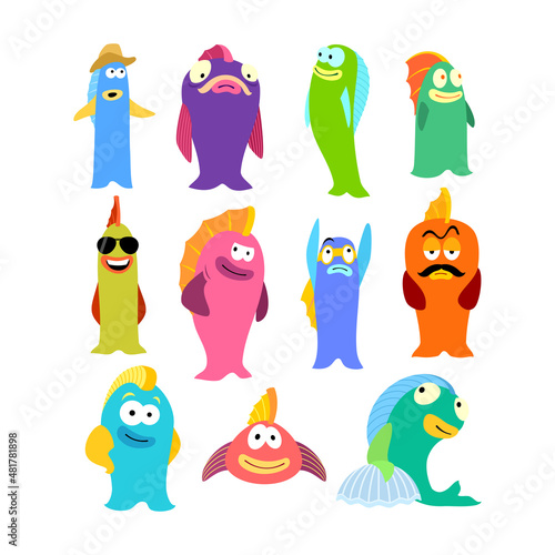 Set of colorful cartoon fish personage