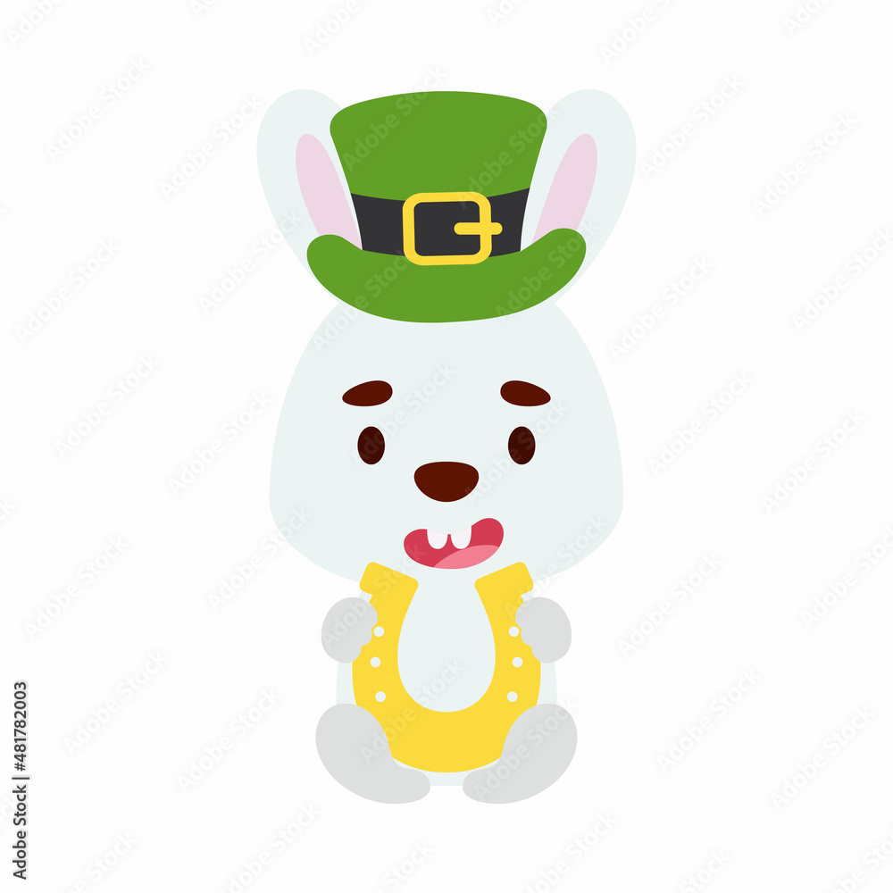 Cute bunny St. Patrick's Day leprechaun hat holds horseshoe. Irish holiday folklore theme. Cartoon design for cards, decor, shirt, invitation. Vector stock illustration. Cute bunny St. Patrick's Day leprechaun hat holds horseshoe. Irish holiday folklore theme. Cartoon design for cards, decor, shirt, invitation. Vector stock illustration.