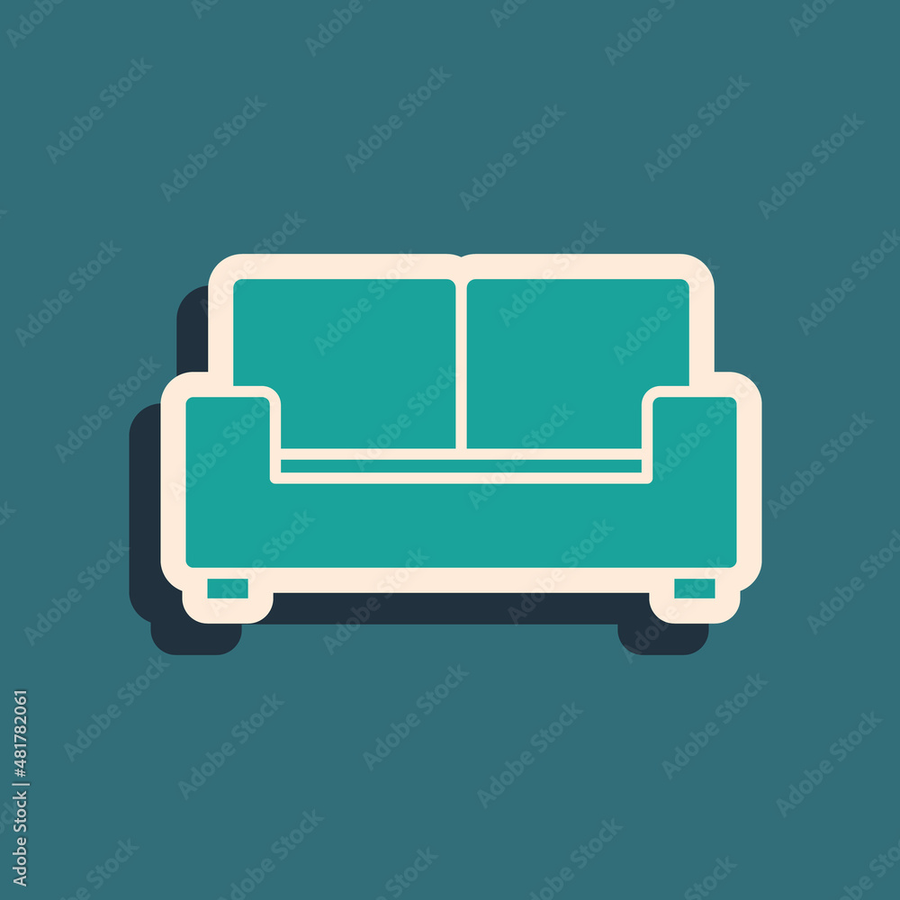 Green Sofa icon isolated on green background. Long shadow style. Vector Green Sofa icon isolated on green background. Long shadow style. Vector