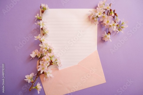 Spring greeting concept. Blank card decoration with Cherry blossoms on purple background. Spring  wedding  event background.