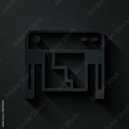 Paper cut Plotter icon isolated on black background. Large format multifunction printer. Polygraphy, printshop service. Paper art style. Vector