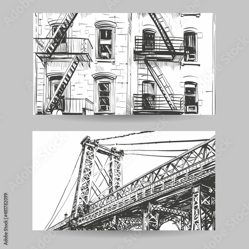 Set of city sketch banner design elements, vector illustration