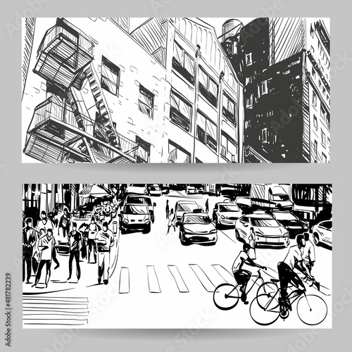 Set of city sketch banner design elements, vector illustration