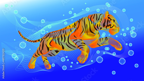 Water tiger line art wallpaper. Blending lines styles on blue backgrounds.