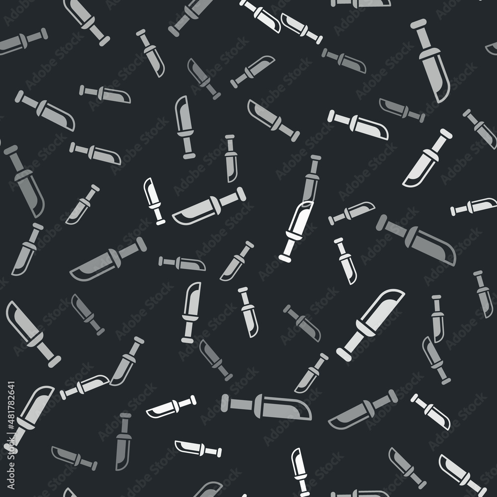 Grey Military knife icon isolated seamless pattern on black background. Vector Grey Military knife icon isolated seamless pattern on black background. Vector