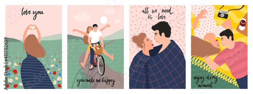 Collection of romantic Valentine's day cards. Cute romantic couples on date riding bicycle, watching sunset, relaxing on a picnic. Young man and woman in love. Flat cartoon vector illustration set.
