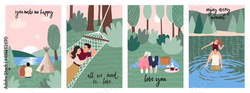 Collection of romantic Valentine's day cards. Cute romantic couples on date relaxing in a hammock, swimming, watching sunset. Young man and woman in love. Flat cartoon vector illustration set.