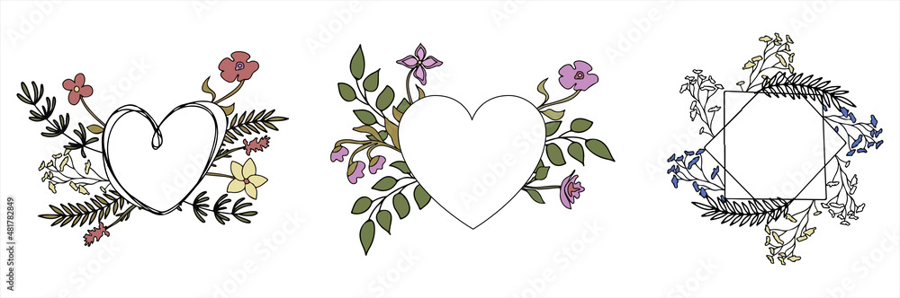 Floral vector doodle design frames. Hand drawn decorative leaves and wreaths. Flower ornament dividers for 8 march. Tree branches with leaf and flowers. Cards, invitations