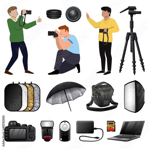 Photographer equipment icons set cartoon vector. Professional photo
