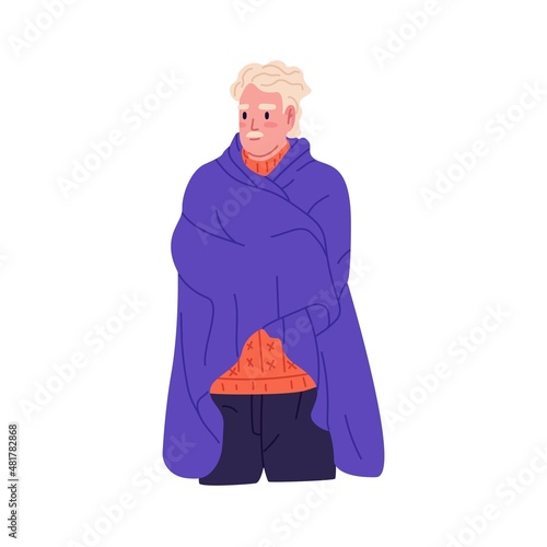 Man freezing from cold winter weather and frost. Frozen person standing in sweater, covered with blanket. Male shivering, warming with plaid. Flat vector illustration isolated on white background