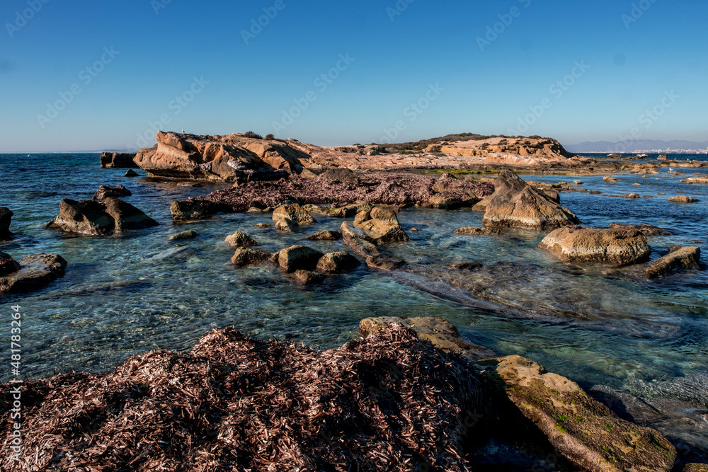 Fototapeta premium The rocky coast of the ancient island of Tabarca, in the Spanish Mediterranean, in front of Santa Pola, Alicante