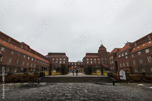Photography University in Stockholm, Sweden. Red Brick Modern Buildings.