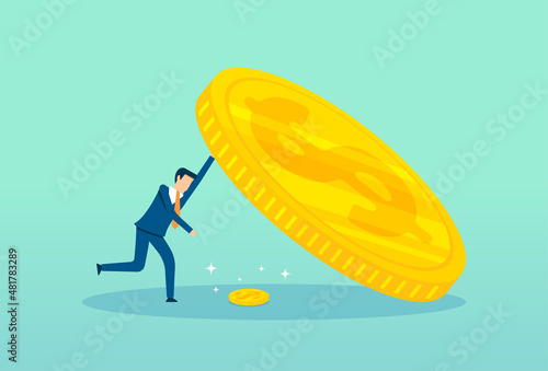 Businessman saves a small amount under a large sum of money, bad business impact, economic support, financial problems