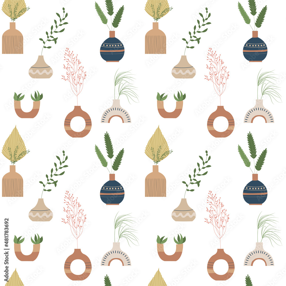 Trendy abstract seamless pattern with plants, vase terracotta color. Ceramic vases, jugs and jars with tropical leaves in modern scandinavian style. Floral pottery boho style vector illustration.