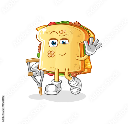 sandwich sick with limping stick. cartoon mascot vector