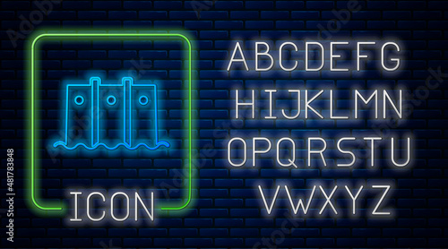 Glowing neon Hydroelectric dam icon isolated on brick wall background. Water energy plant. Hydropower. Hydroelectricity. Neon light alphabet. Vector