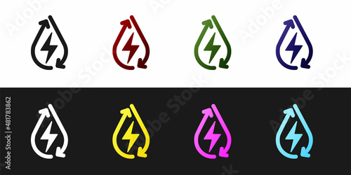 Set Water energy icon isolated on black and white background. Ecology concept with water droplet. Alternative energy concept. Vector