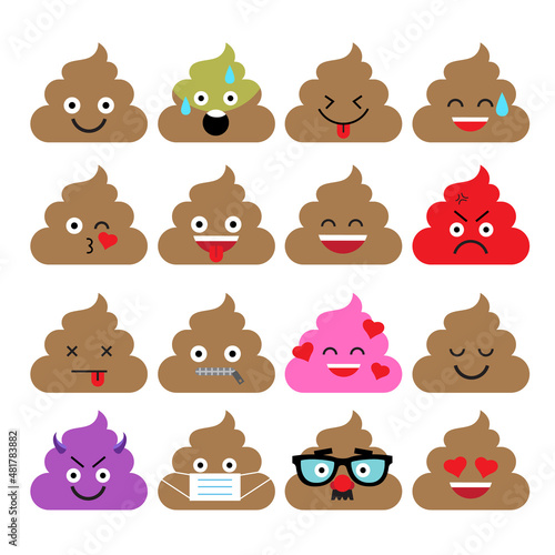 Set of cute poop emoticons, emoji flat design, vector illustration.