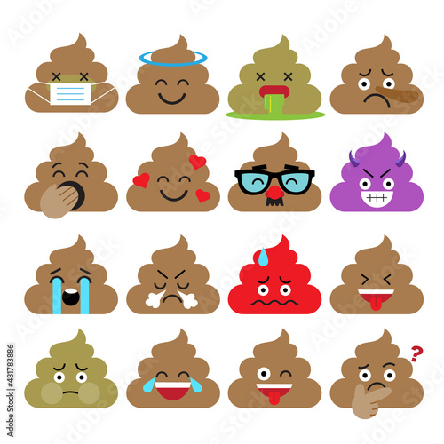 Set of cute poop emoticons, emoji flat design, vector illustration.