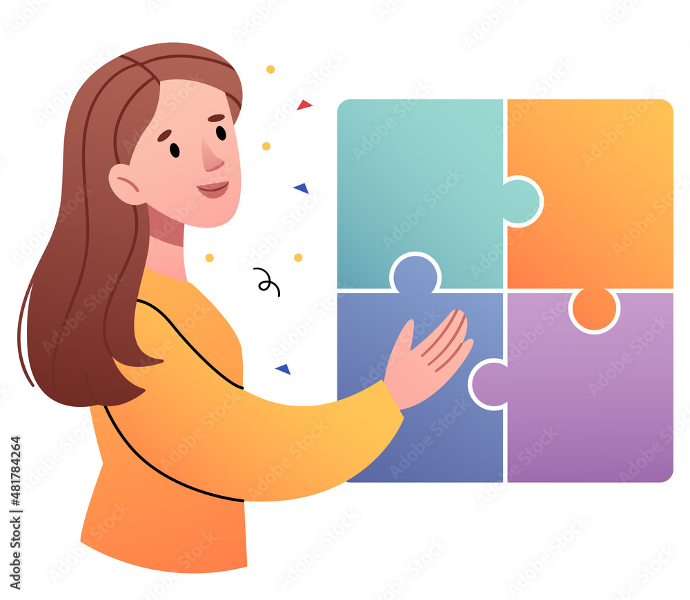 The girl assembles a puzzle.Concept of logical thinking, analytical mind, human intelligence, problem solving, brainstorming. The girl assembles a puzzle.Concept of logical thinking, analytical mind, human intelligence, problem solving, brainstorming.