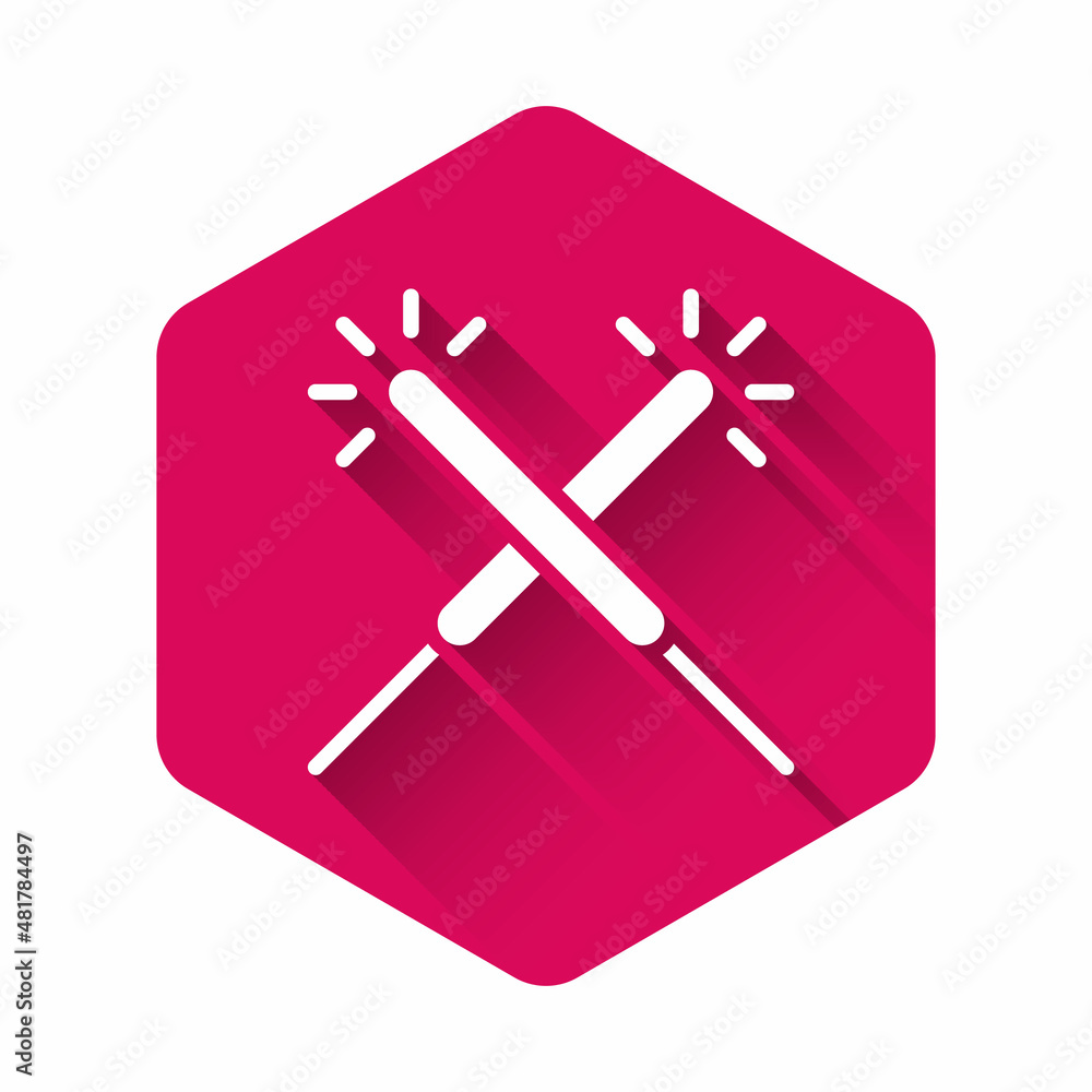White Sparkler firework icon isolated with long shadow background. Festive Christmas sparkler candle lights. Merry Christmas and Happy New Year. Pink hexagon button. Vector