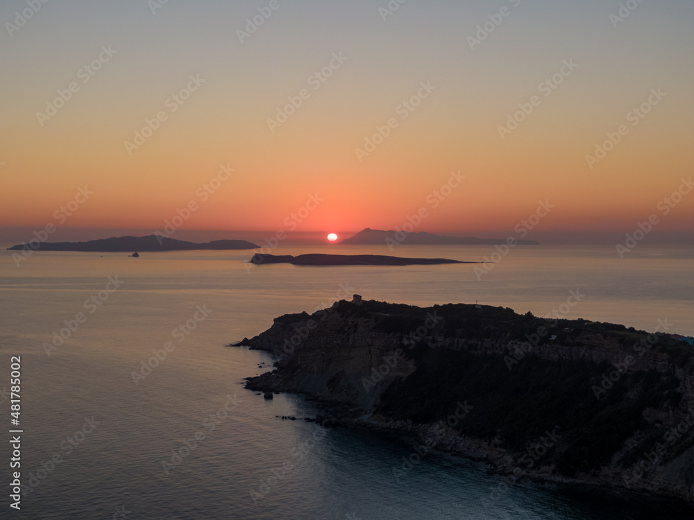Aerial drone view of beautiful sunset in arillas beach  Mathraki and Othoni  corfu greece