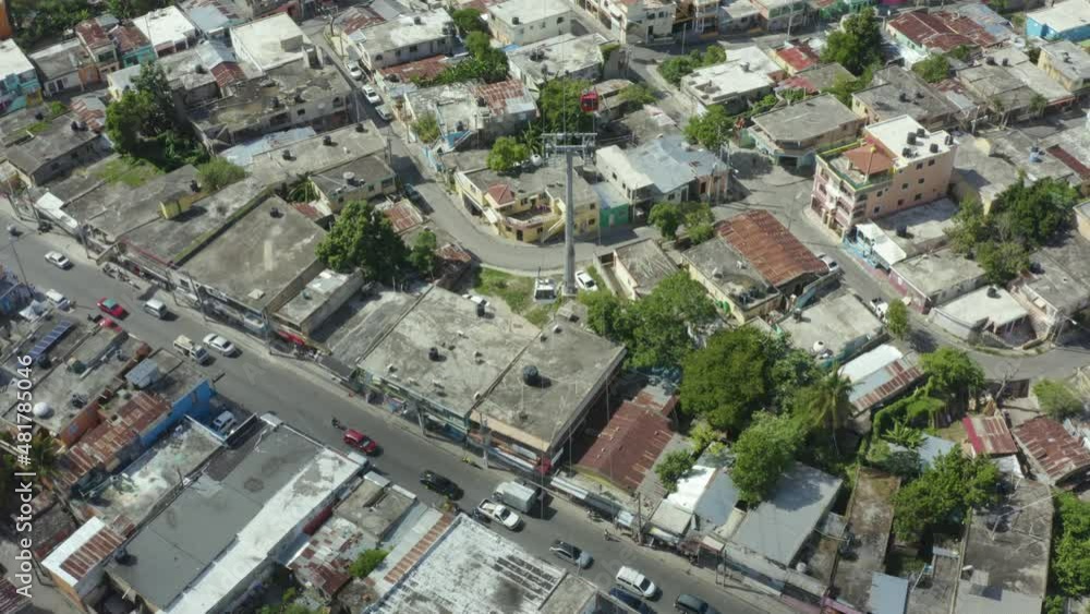Aerial flying backwards tracking shot of cable car in Santo Domingo on sunny day Aerial flying backwards tracking shot of cable car in Santo Domingo on sunny day