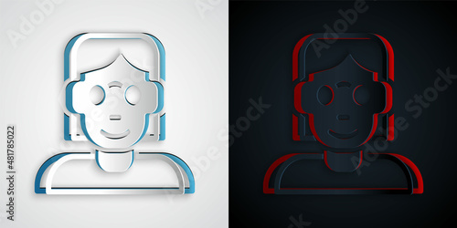 Paper cut Hacker or coder icon isolated on grey and black background. Programmer developer working on code, coding, testing, debugging, analysing. Paper art style. Vector