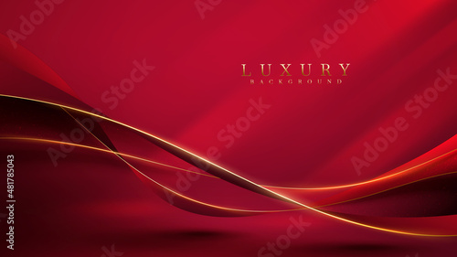 Golden curve line on red luxury background with glitter light effects decoration.