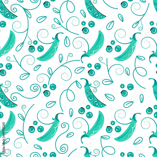 Seamless pattern of green pea pods. Vegetable vector background