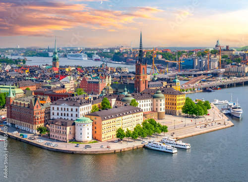 Canvas Stockholm old town (Gamla Stan) panorama from City Hall top at sunset, Sweden
