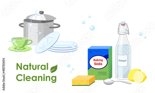 Natural cleaning products at home. Bicarbonate of soda - baking soda and white vinegar for cleaning in sustainable home. Zero waste concept vector illustration.