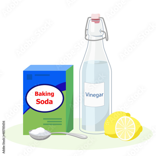 Baking soda, white vinegar bottle, spoon and lemons for cooking or cleaning isolated on white background vector illustration.
