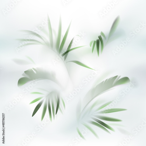 Vector pattern with palm and banana leaves behind frosted glass. The seamless background of the jungle and the tropics  in the fog. Selective focus. 