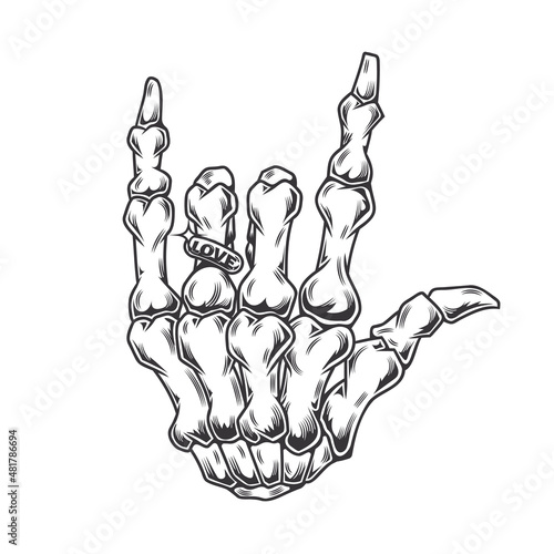 hand skeleton with love ring line art vintage tattoo or print design vector illustration.