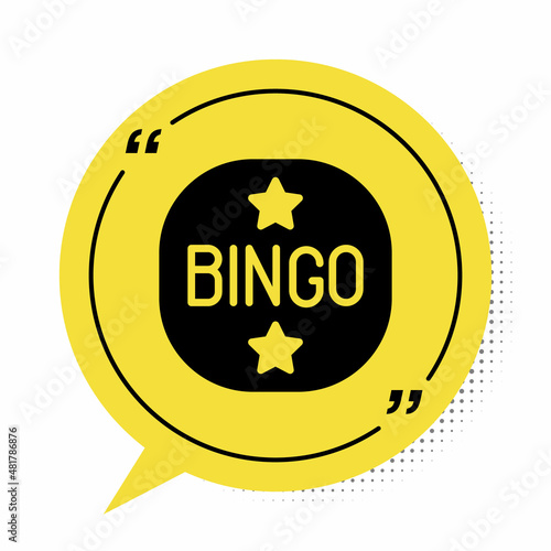 Black Bingo icon isolated on white background. Lottery tickets for american bingo game. Yellow speech bubble symbol. Vector
