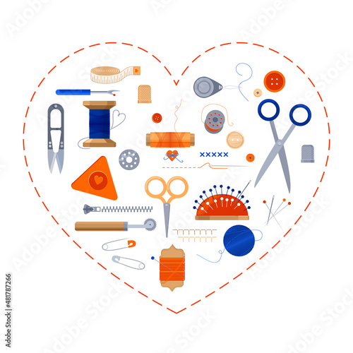 Sewing kit, sewing business. Needlework concept. Vector illustrations of sewing tools, equipment and accessories.
