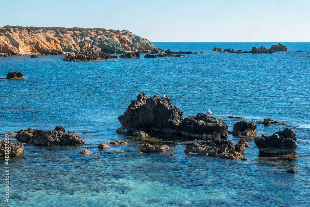 The rocky coast of the ancient island of Tabarca, in the Spanish Mediterranean, in front of Santa Pola, Alicante