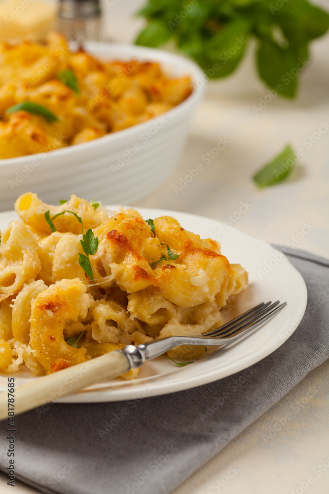 Traditional North American dish. Baked pasta with cheese.