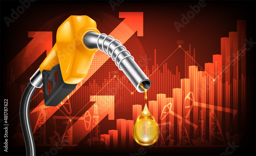 Oil price rising concept Gasoline yellow fuel pump nozzle isolated with drop oil on red growth bar chart background, vector illustration