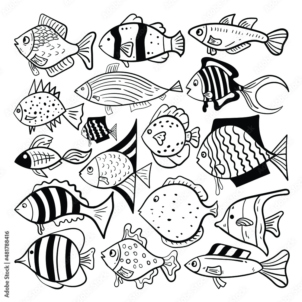Hand drawn fish vector doodle set.fish illustration premium vector