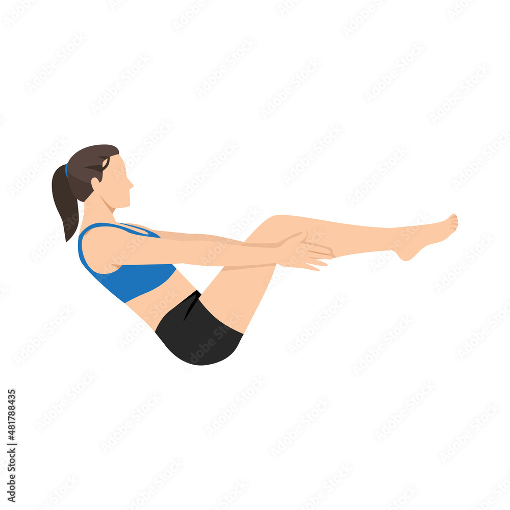 Woman doing half boat pose ardha navasana exercise. Flat vector illustration isolated on white background Woman doing half boat pose ardha navasana exercise. Flat vector illustration isolated on white background
