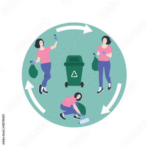 Plogging' process. Recycling concept. Girl jogging, picking up trash, and makings selfie with a trash bag. Illustration for social stories, eco-marathons poster, flyer, or banner.