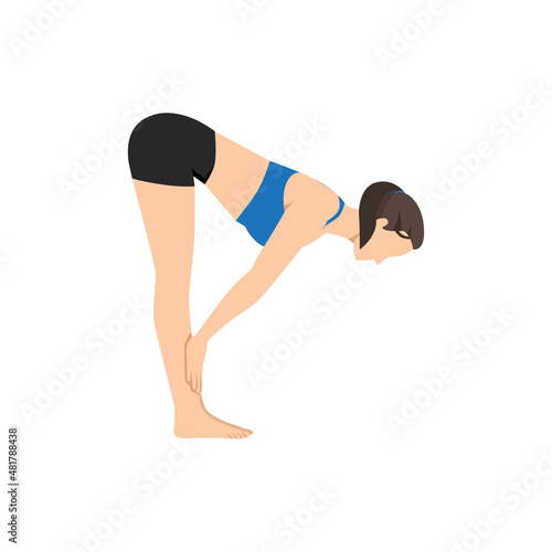 Woman doing standing half forward bend pose ardha uttanasana exercise. Flat vector illustration isolated on white background