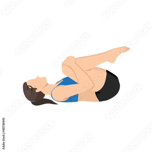 Woman doing knees to chest pose apanasana exercise. Flat vector illustration isolated on white background